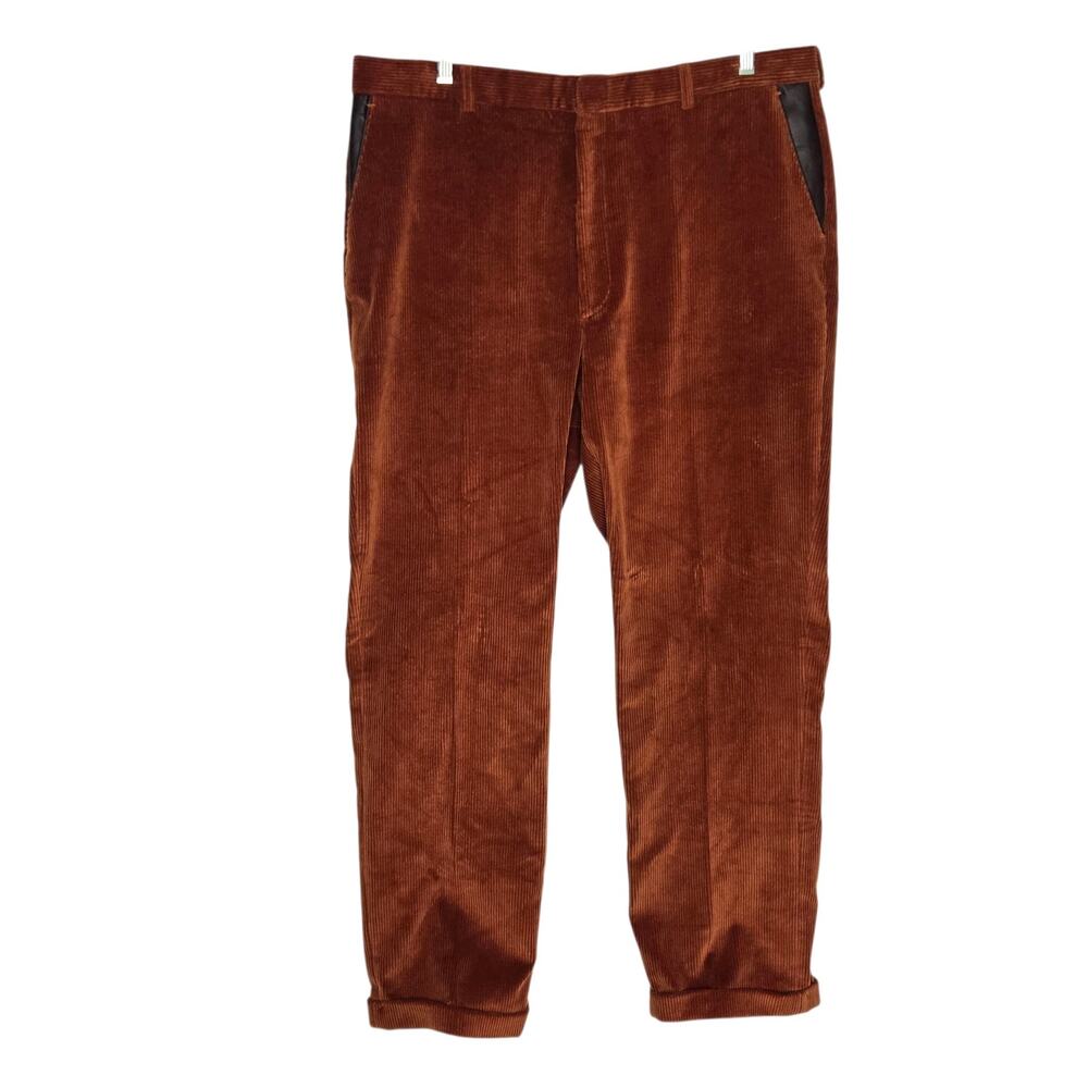 Vintage Orvis Mens Thick Corduroy Pants Wide Wale Leather Trim Cuffed Orange 40